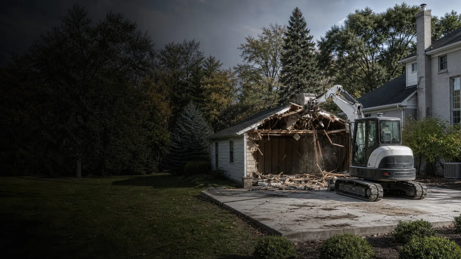 Excavator demolishing a detached garage on its slab beside a brick house at dusk
