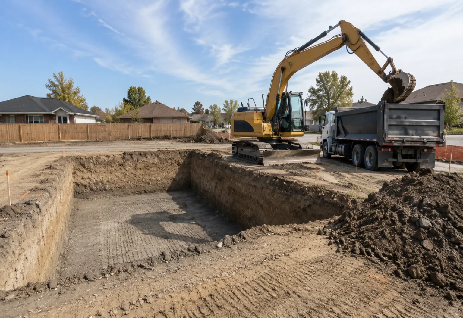 Excavator loading a dump truck from an open foundation excavation behind a house