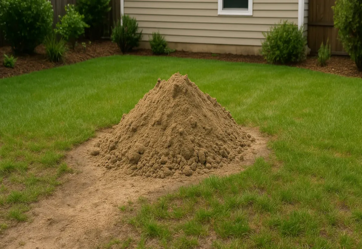 Pile of screened topsoil dropped on a lawn ready to be spread