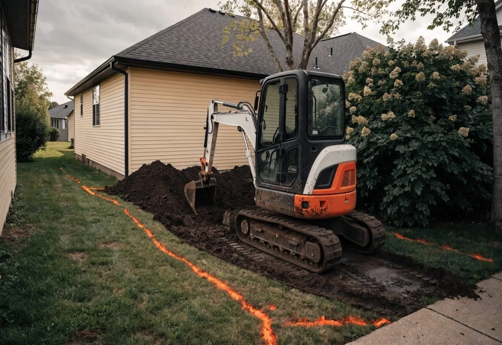 Compact excavator digging a narrow utility trench across a lawn marked with paint